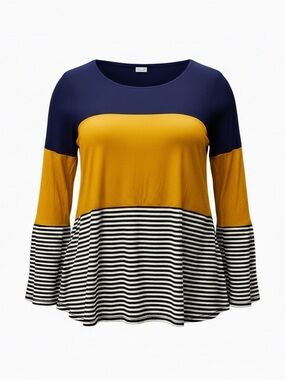 Navy & Mustard Colorblock Bell-Sleeve Top Size 3X